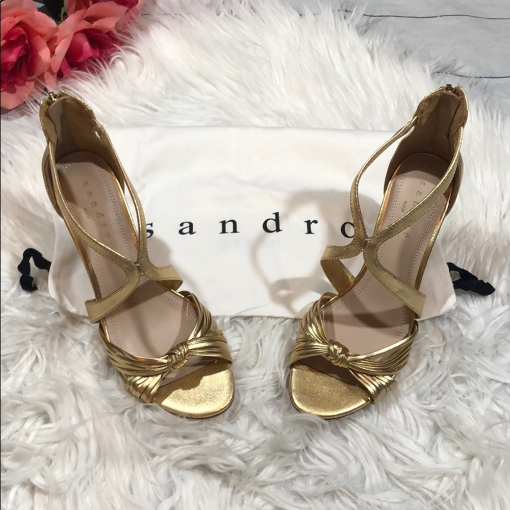 Sandro Elisa Gold Knotted Open Toe Heels - Picture 2 of 9